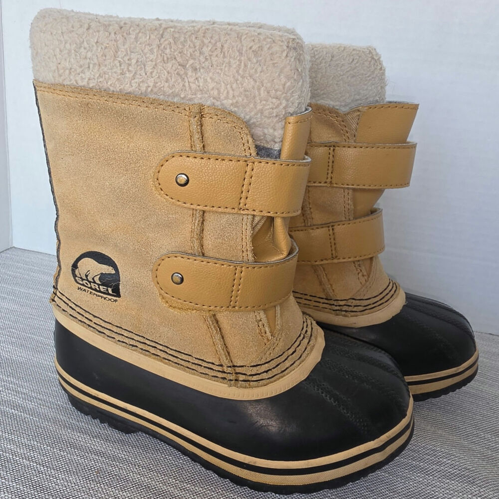Sorel Snow Boot Tan Suede Upper Velcro Closures Black Waterproof Soles
